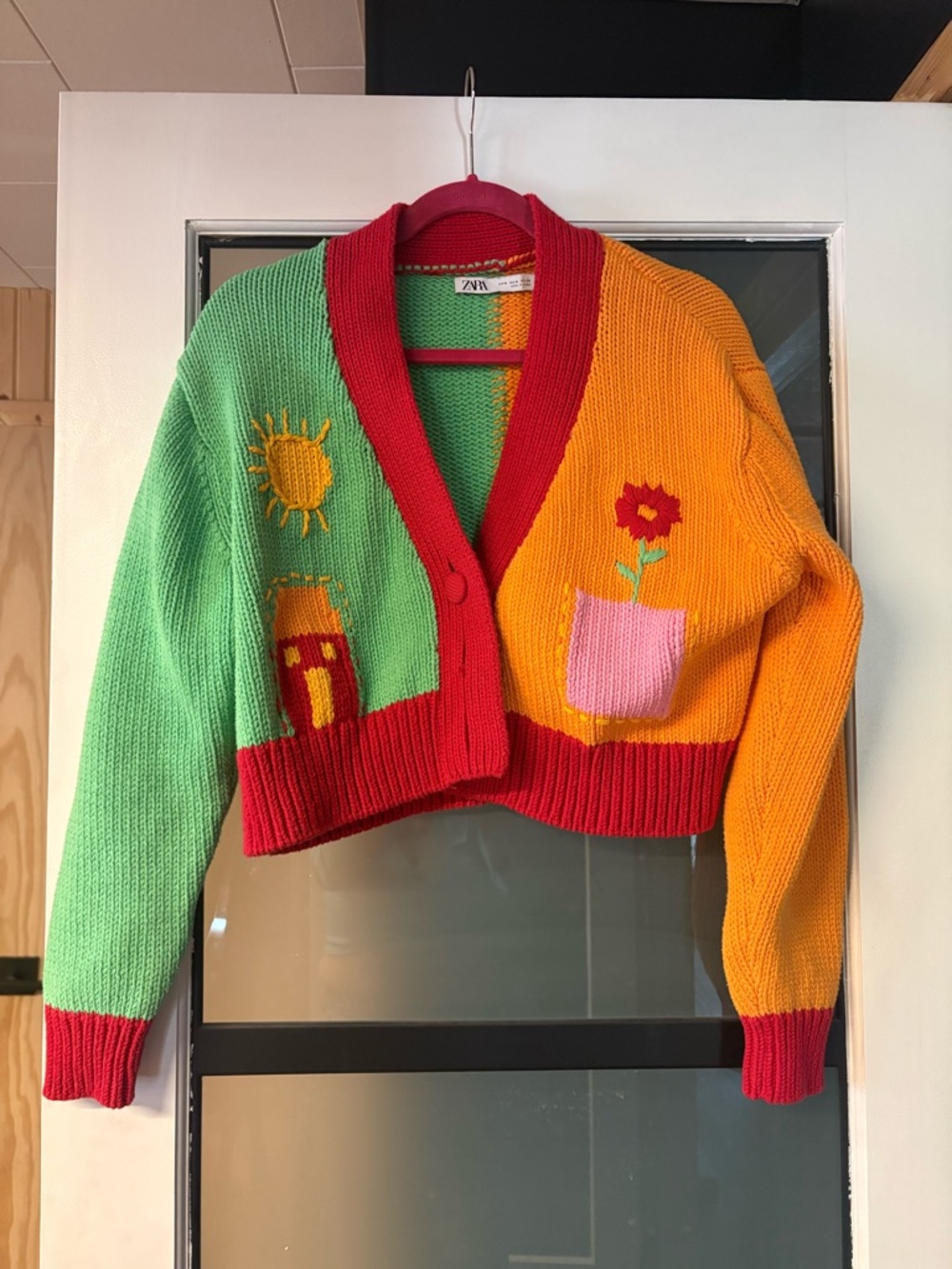 Zara Colorblock Cropped Cardigan - Green, Orange & Red